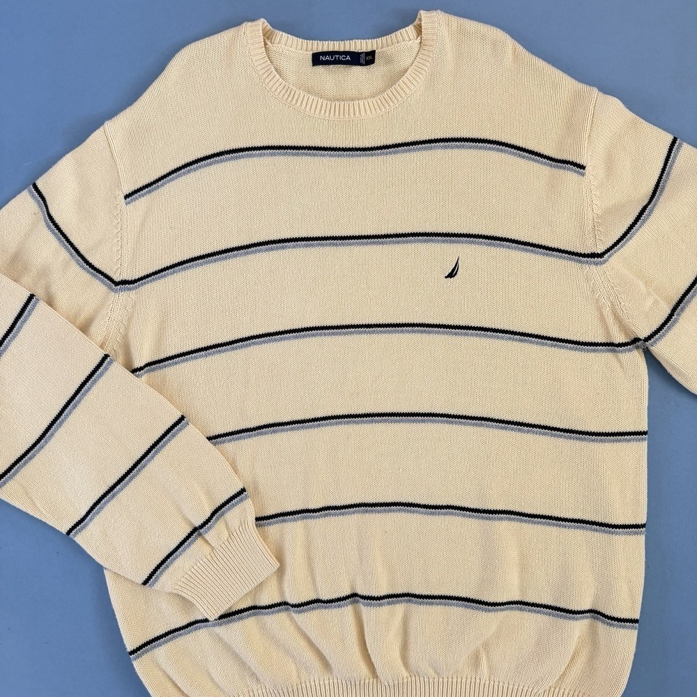 Vintage‎ Nautica Yellow Stripe Cotton Preppy 90's Mens Crewneck Sweater